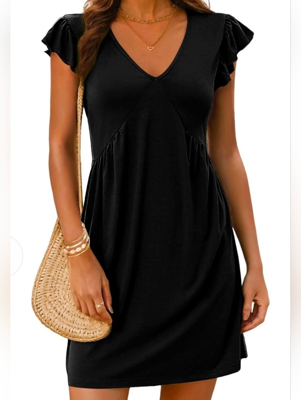 Casual Black Short Cap-Sleeve Mini Dress